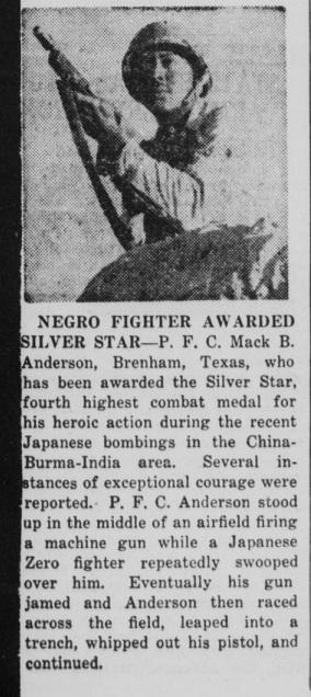 Newspaper article about Mack B. Anderson of the 823rd Engineer Aviation Battalion. The article explains how Anderson won the Silver Star medal and includes a photograph.