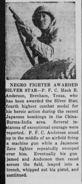 Newspaper article about Mack B. Anderson of the 823rd Engineer Aviation Battalion. The article explains how Anderson won the Silver Star medal and includes a photograph.