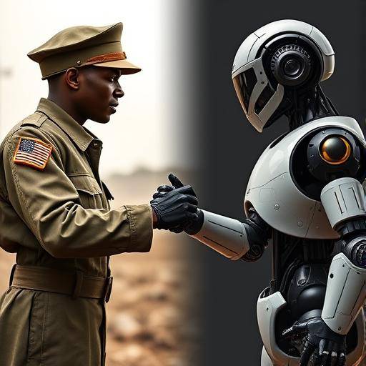 an image of a Black American soldier from the 92nd Infantry Division during World War II shaking hands with a futuristic robot. The soldier is on the left and the robot is on the right. The image on the left presents the historical past. The image on the right presents the future. Make it seem as if they are reaching across time.
