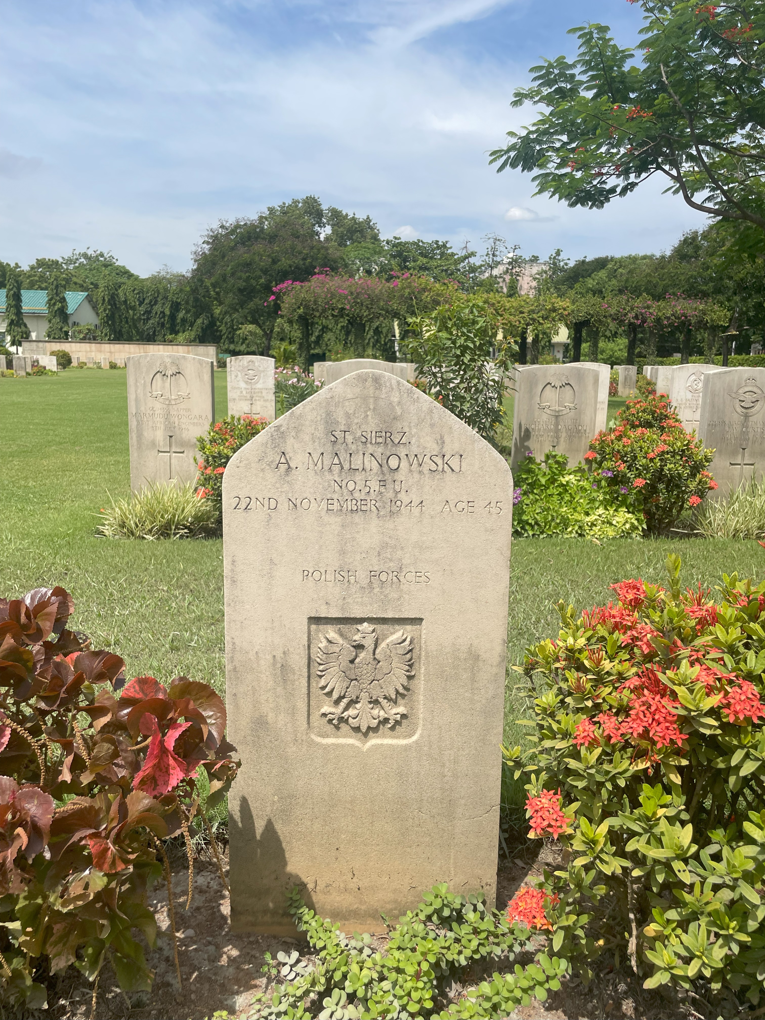 The grave of A. Malinowski of the Polish Forces at the Madras Commonwealth War Cemetery. He died on 22nd November 1944.