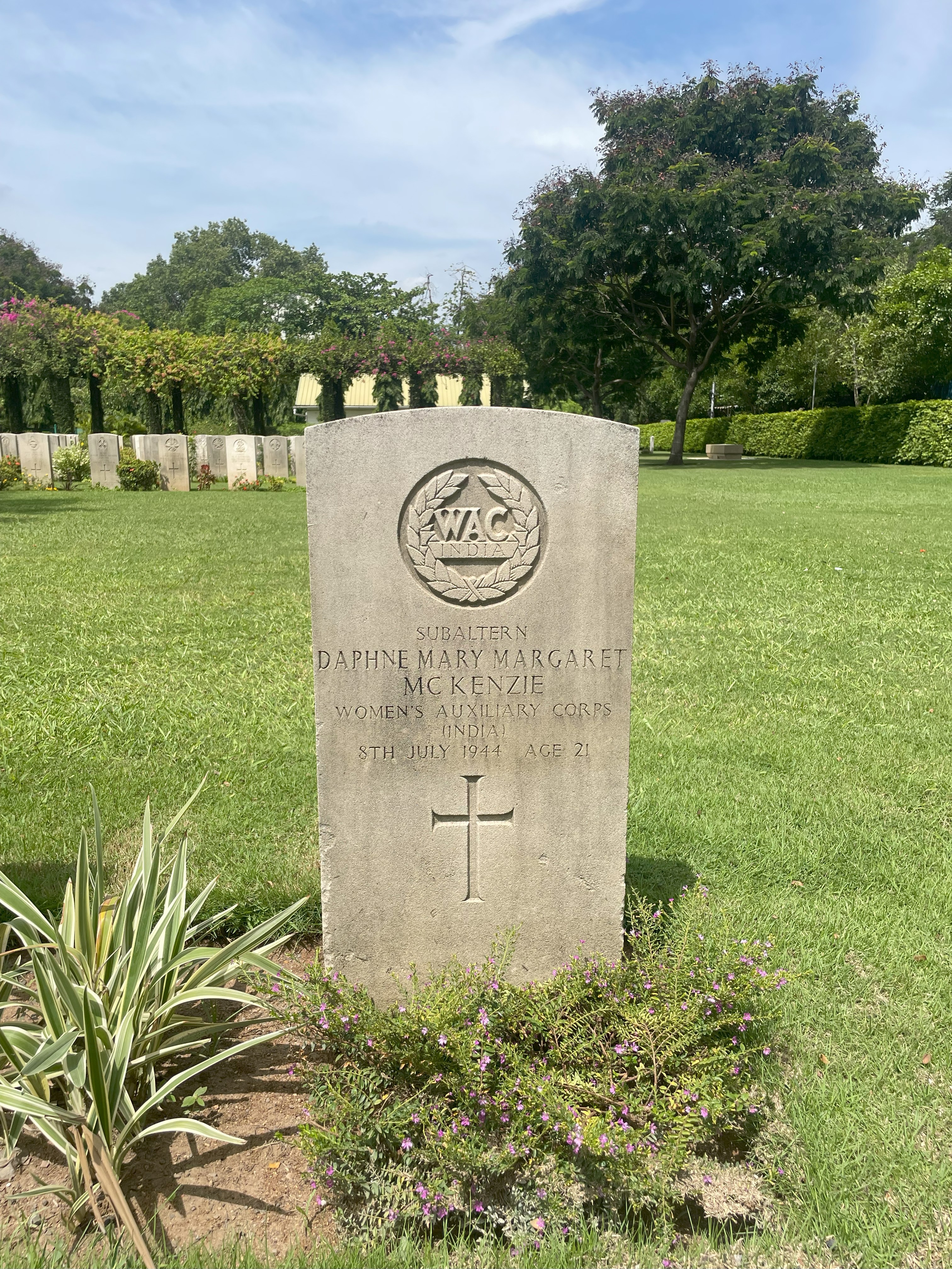 The grave of Daphne Mary Margaret McKenzie of the Women's Auxiliary Corps (India) at the Madras Commonwealth War Cemetery. She died on 8 July 1944.