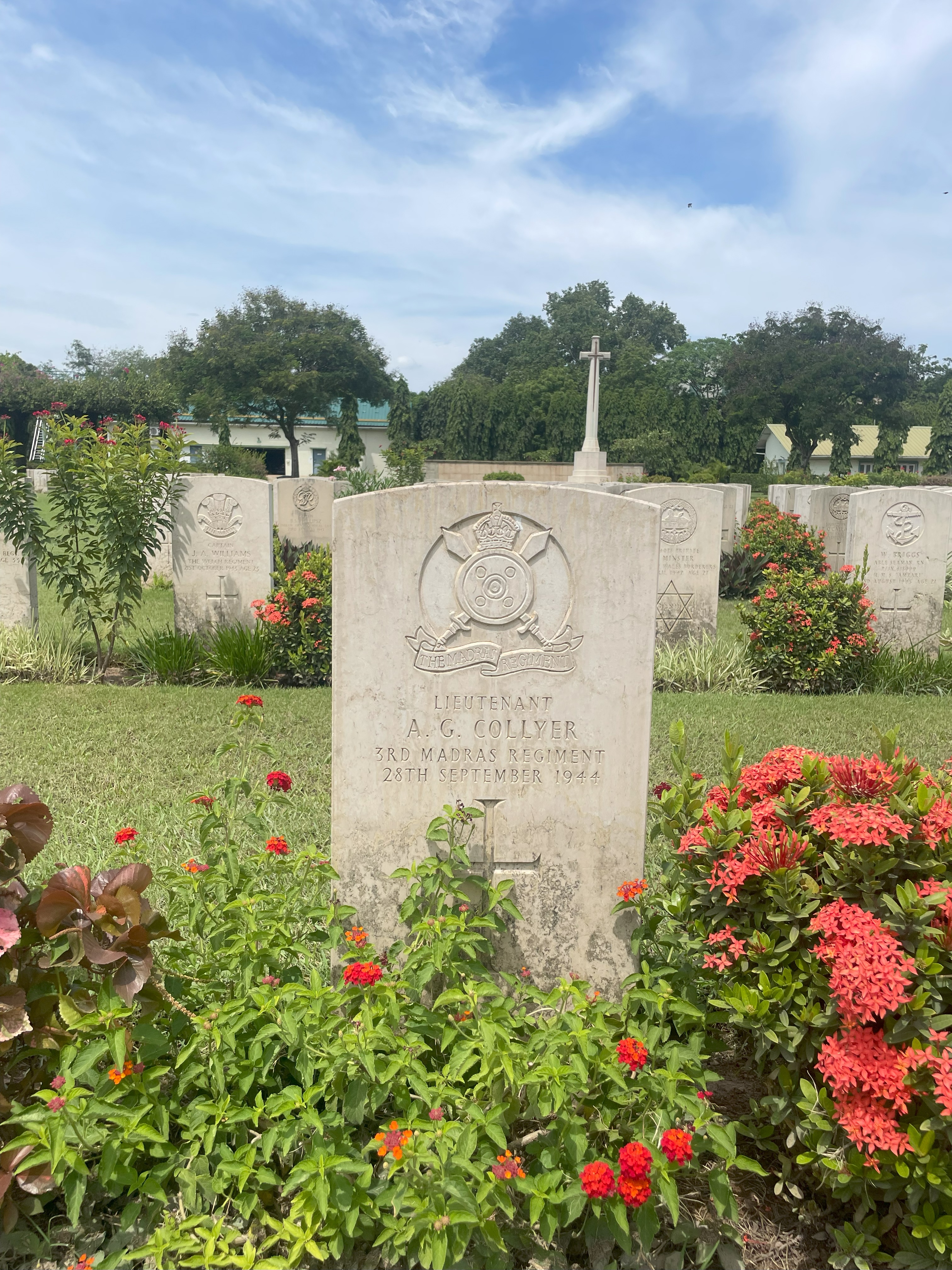 The grave of A. G. Collyer of the 3rd Madras Regiment at the the Madras Commonwealth War Cemetery. He died on 29 September 1944.