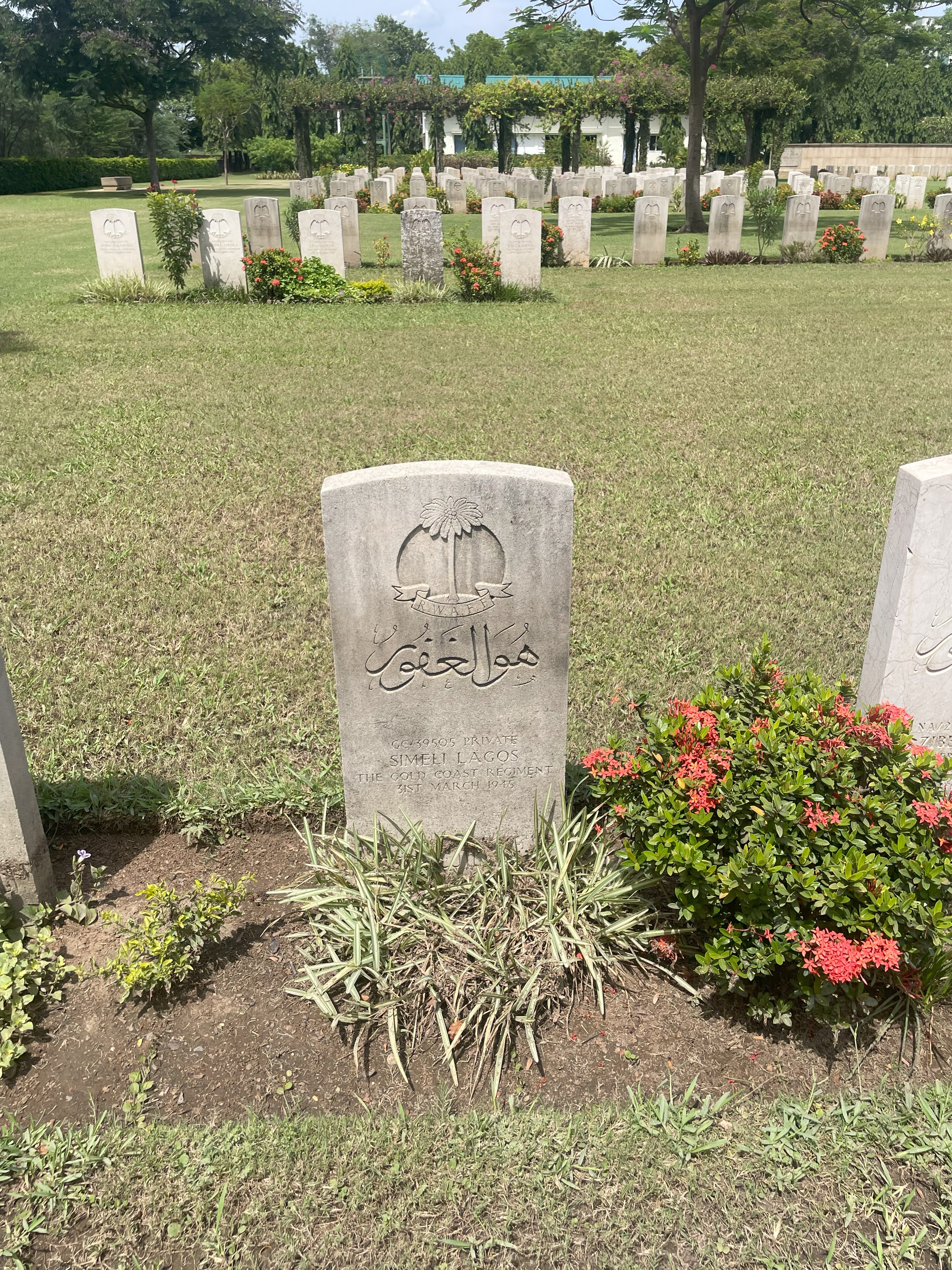 The grave of Simeli Lagos of the Gold Coast Regiment the Madras Commonwealth War Cemetery. He died on 31 March 1945.