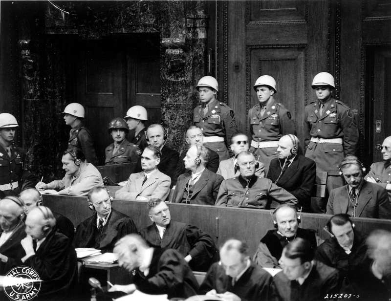 Top Nazi leaders on trial in the Palace of Justice courtroom at Nuremberg, Germany. Courtesy of National Archives and Records Administration (NAID: 350375646).