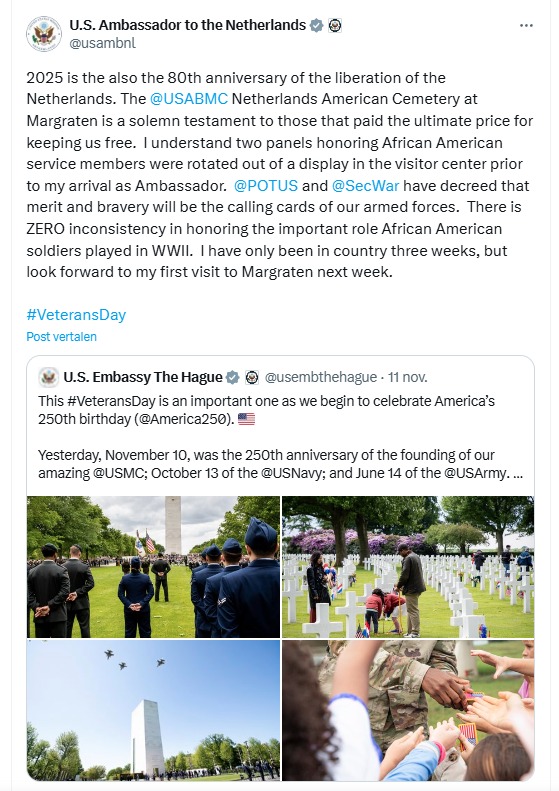 The response from the US Ambassador about the situation at the Netherlands American Cemetery and Memorial, also known as the Margraten Cemtery, where to panels or memorials regarding Black American soldeirs have been removed.